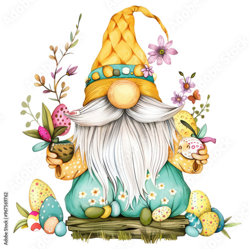 A gnome is sitting in a garden with flowers and an egg