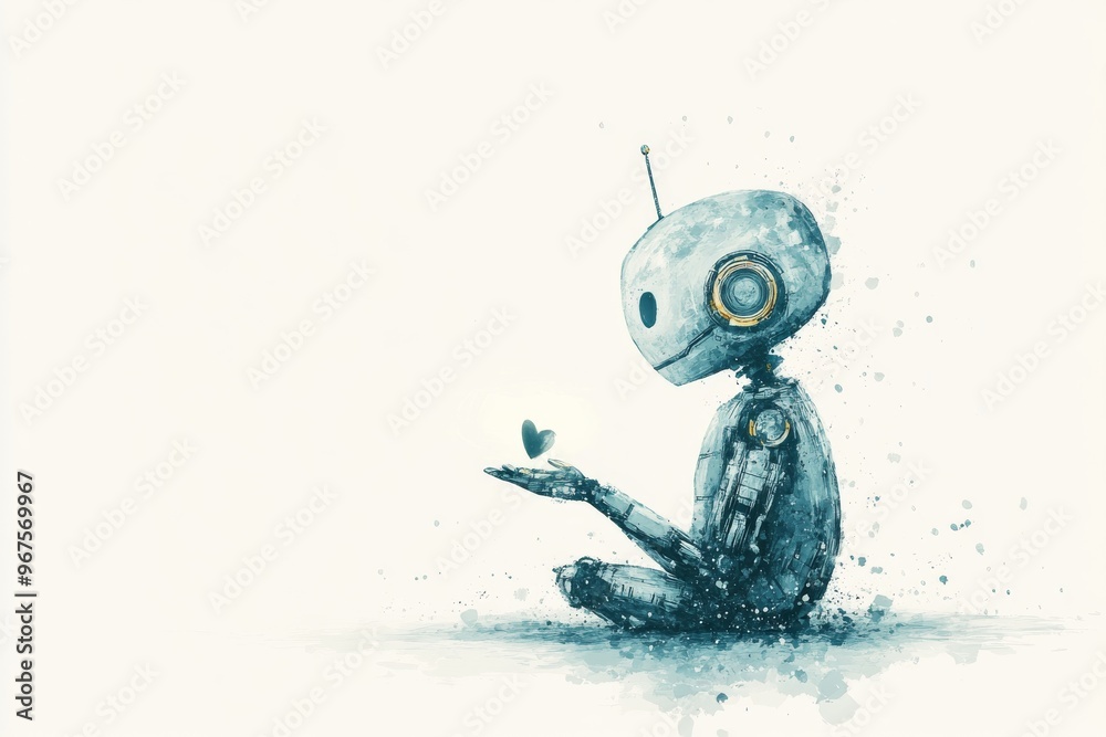 Obraz premium A small robot gently holding a butterfly, symbolizing the connection between technology and nature, innovation, and innocence. Ideal for tech, AI, or environmental projects.