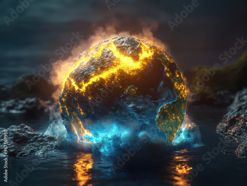 A stunning visual of Earth caught in an elaborate chemistry experiment, showcasing vibrant colors and dynamic elements. glowing planet contrasts beautifully with surrounding water, creating captivatin photo