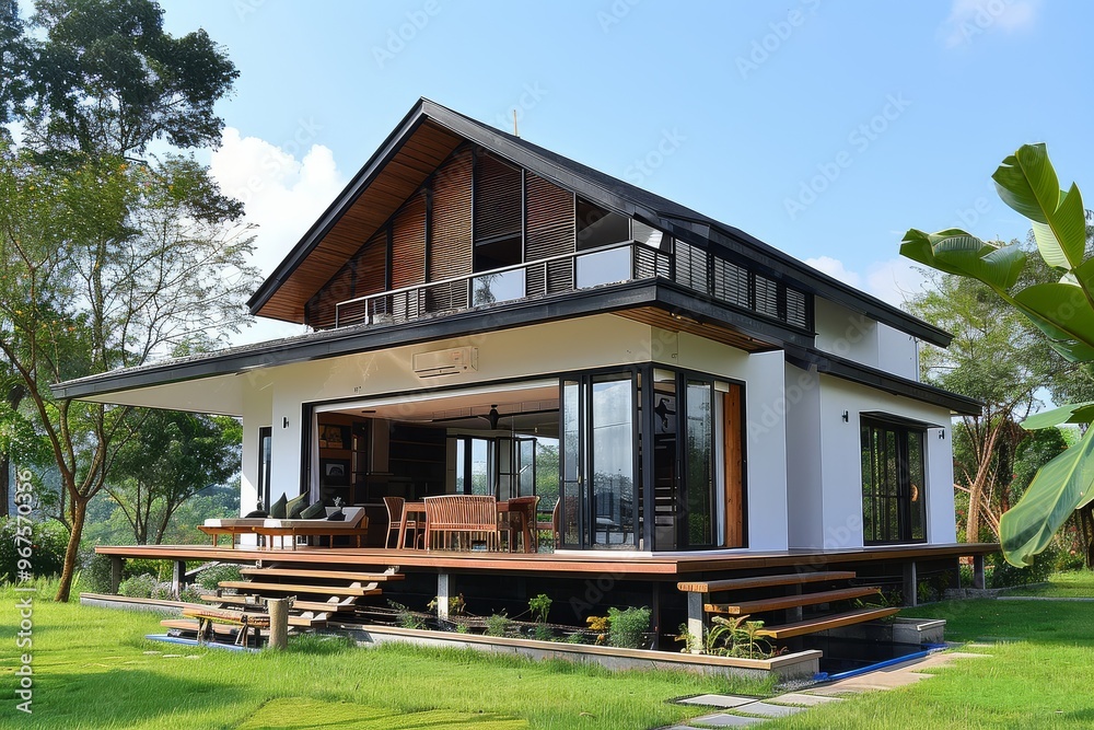 Modern house with white walls and black roof, wooden terrace on deck, surrounded by green grass lawn in the countryside.