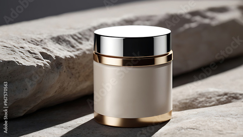 Mockup of a cream jar placed on natural stone photo