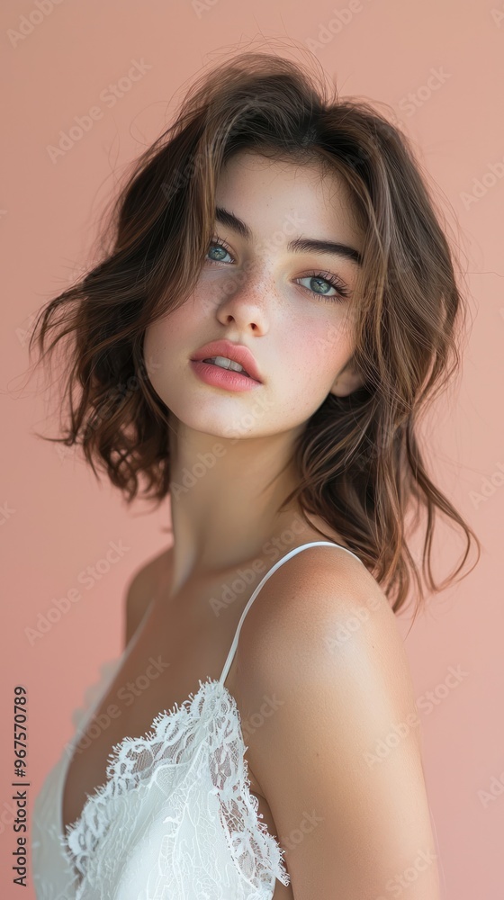 young woman wearing a white dress with lace shoulder straps, elegant makeup, bright eyes, shoulder-length hair, indoor portrait photography, soft light, warm tones, and a gentle smile,Generative AI young woman wearing a white dress with lace shoulder straps, elegant makeup, bright eyes, shoulder-length hair, indoor portrait photography, soft light, warm tones, and a gentle smile,Generative AI