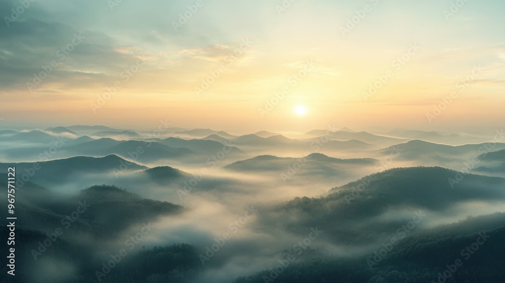 A panoramic view of rolling hills submerged in a dense sea of morning mist, with the sun just A panoramic view of rolling hills submerged in a dense sea of morning mist, with the sun just