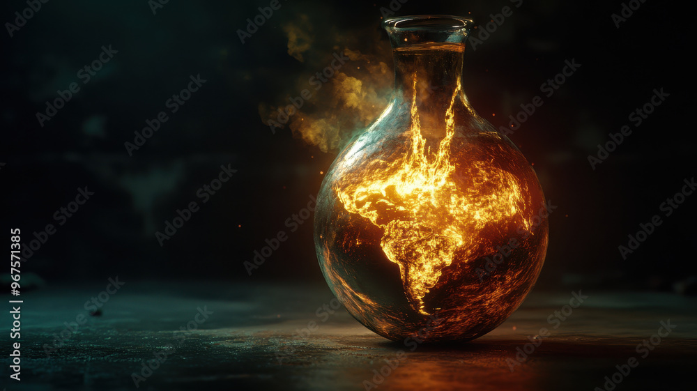 A fiery core inside flask represents Earth turning into molten state, showcasing contrast between liquid and intense heat. This captivating image evokes sense of transformation and urgency A fiery core inside flask represents Earth turning into molten state, showcasing contrast between liquid and intense heat. This captivating image evokes sense of transformation and urgency