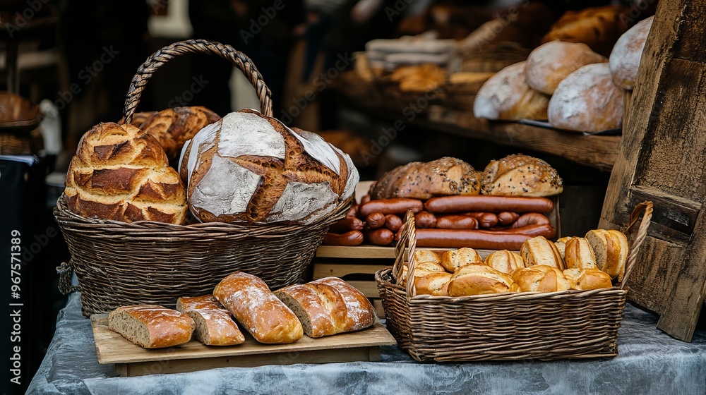 Stalls at the market have large sourdough loaves and cubes of rye bread. A wicker basket holds pastries, rolls, and a hotdog. Stalls at the market have large sourdough loaves and cubes of rye bread. A wicker basket holds pastries, rolls, and a hotdog.