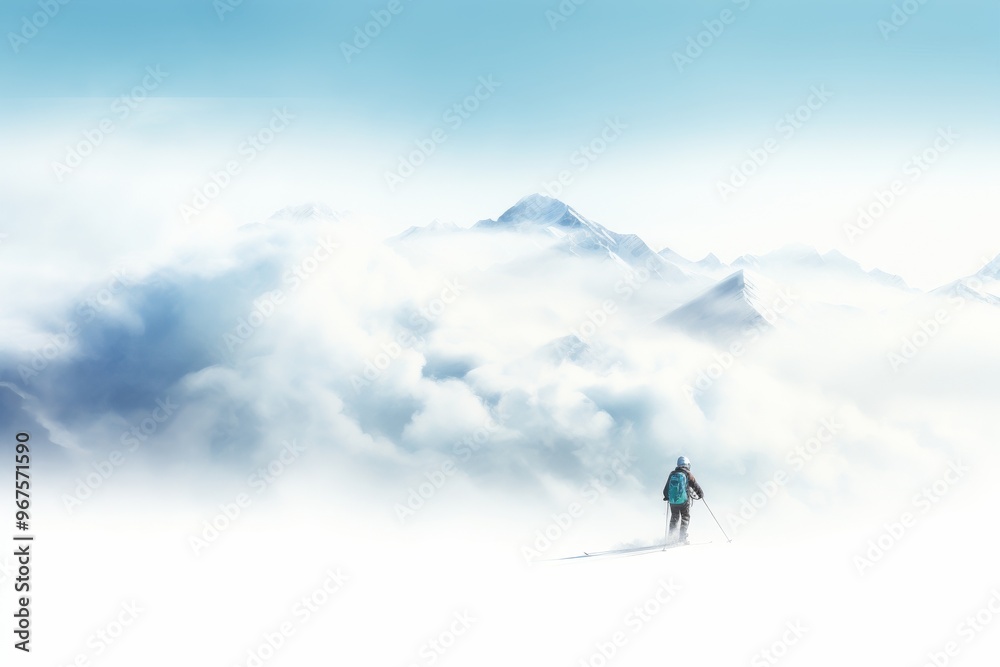 A lone skier navigates through snowy peaks beneath a clear blue sky during winter A lone skier navigates through snowy peaks beneath a clear blue sky during winter