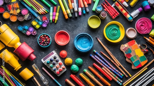 A collection of art supplies and craft kits for kids, with bright crayons, markers, and modeling clay laid out for a creative play session.