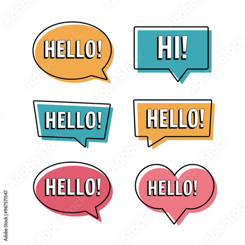 Colorful speech bubbles with various greetings, including 'Hello!' and 'Hi!' in different shapes and colors.