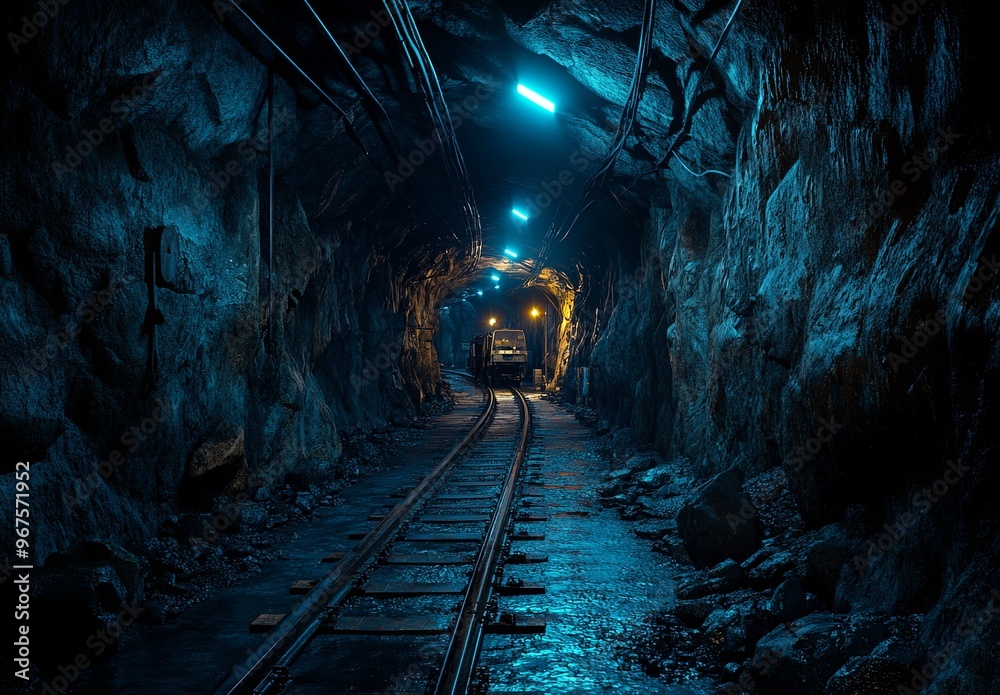 Naklejka premium A dimly lit underground tunnel with rusty rail tracks leading deeper into the mine
