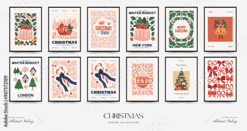 Merry Christmas and Happy New Year vertical flyer or poster template. Modern trendy minimal style. Hand drawn design for wallpaper, wall decor, print, postcard, cover, template, banner.