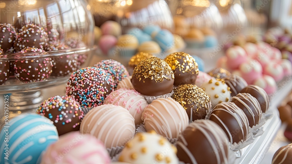 A whimsical display of chocolate truffles, candy-coated almonds, and caramel-filled chocolates A whimsical display of chocolate truffles, candy-coated almonds, and caramel-filled chocolates