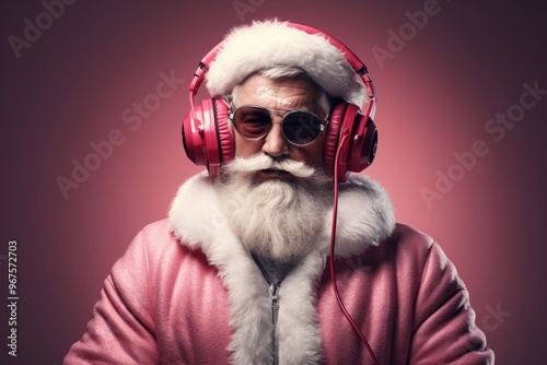 Santa Claus Listens to Music with Headphones in Pink Jacket for Merry Christmas Photo. Fictional Characters Created By Generative AI.