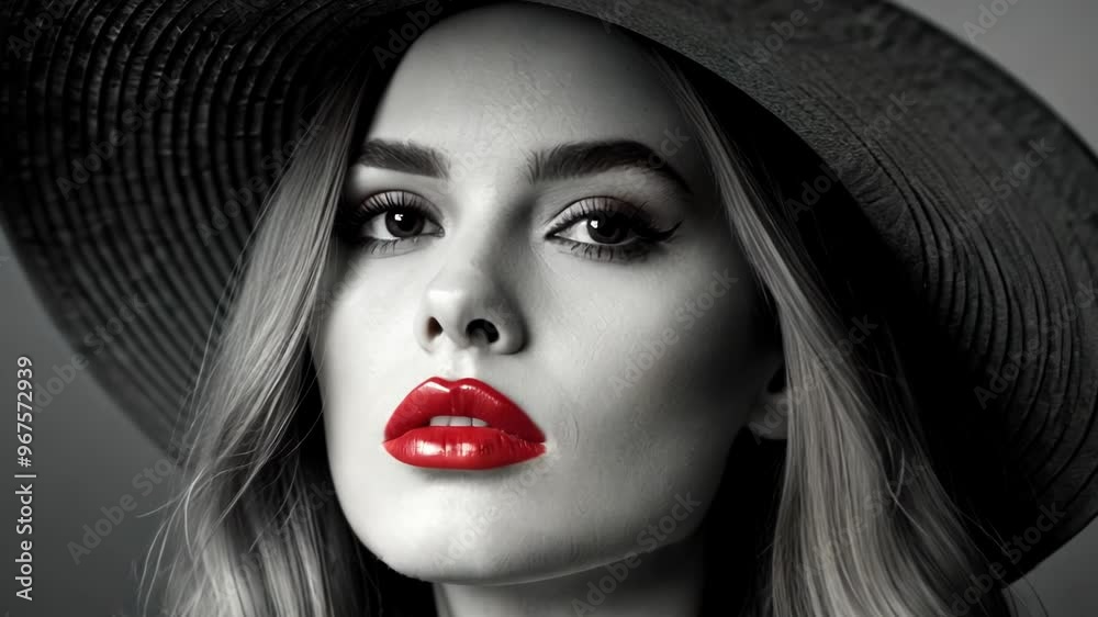 Elegant Woman with Red Lips and Hat in Black and White Portrait Elegant Woman with Red Lips and Hat in Black and White Portrait