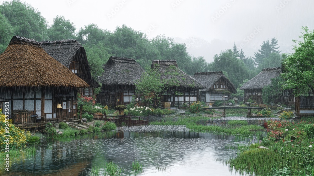 A peaceful village with thatched-roof houses, as rain falls softly, creating ripples in nearby A peaceful village with thatched-roof houses, as rain falls softly, creating ripples in nearby