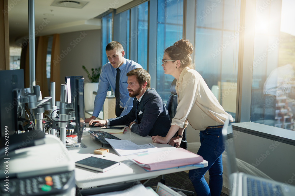 Collaboration, computer and business people in office for discussion with advice, review or feedback on project. Team, group and financial risk managers analyzing investment profit return or growth. Collaboration, computer and business people in office for discussion with advice, review or feedback on project. Team, group and financial risk managers analyzing investment profit return or growth.