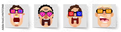 A set of faces with different emotions. With elegant glasses. While watching a video. Different ages. Flat design. Avatars. Caricatures. Close-up portraits.