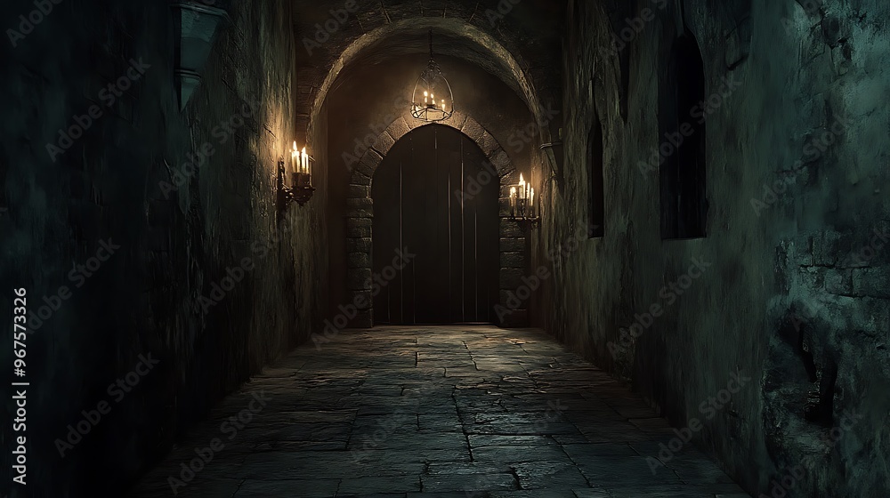 A dark, narrow hallway with stone walls and a wooden door at the end lit by flickering candlelight. A dark, narrow hallway with stone walls and a wooden door at the end lit by flickering candlelight.