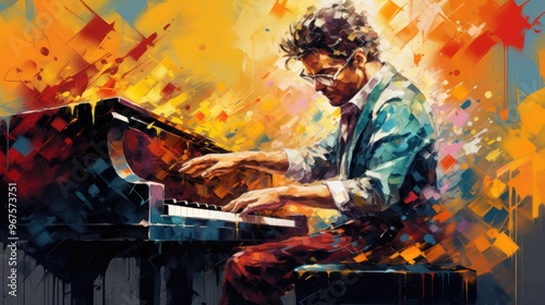 Abstract Painting of Male Pianist Playing a Grand Piano Immersed in the Music Illustration. Fictional Characters Created By Generative AI.