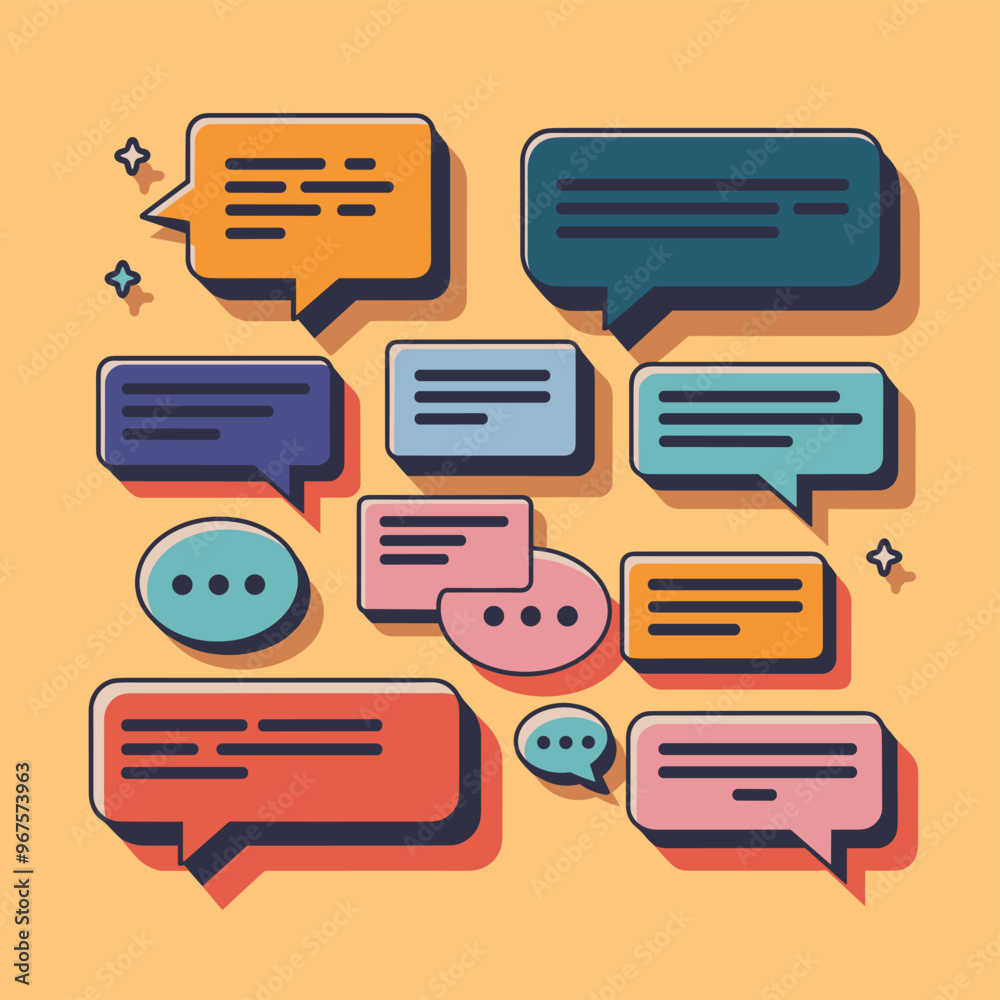 Colorful speech bubbles with text symbolize communication, interaction, and dialogue in a fun and dynamic way. Colorful speech bubbles with text symbolize communication, interaction, and dialogue in a fun and dynamic way.