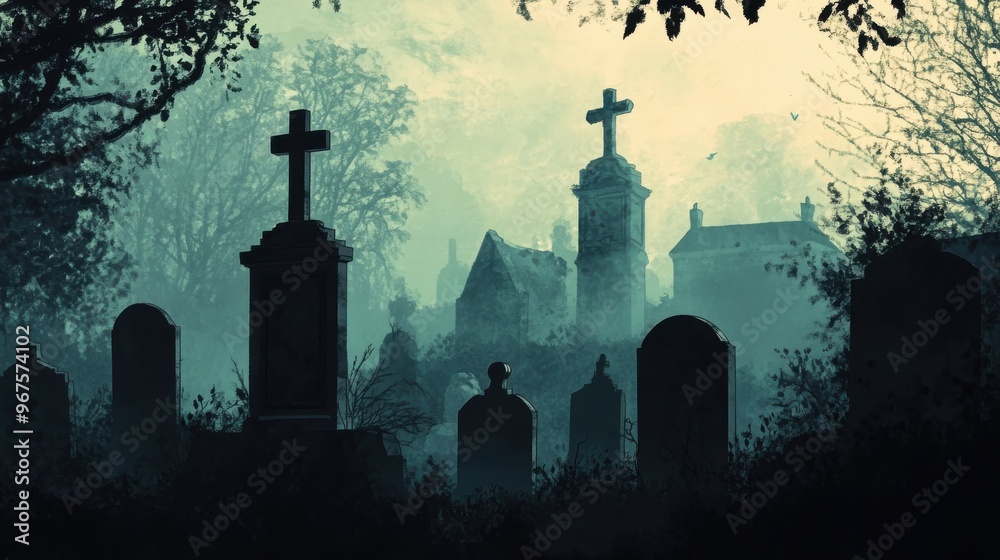 Eerie graveyard scene under a misty sky, featuring mysterious tombstones and silhouettes of trees, invoking a haunting atmosphere. Eerie graveyard scene under a misty sky, featuring mysterious tombstones and silhouettes of trees, invoking a haunting atmosphere.