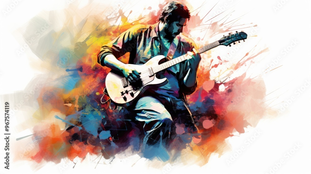 Obraz premium Male Guitarist Performing Classical Music in Abstract Painting Illustration. Fictional Characters Created By Generative AI.