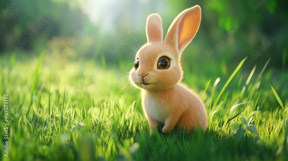 A playful rabbit with big, shiny eyes and a little smile, hopping through a green field, its soft fur glowing in the morning light of the farm. A playful rabbit with big, shiny eyes and a little smile, hopping through a green field, its soft fur glowing in the morning light of the farm.