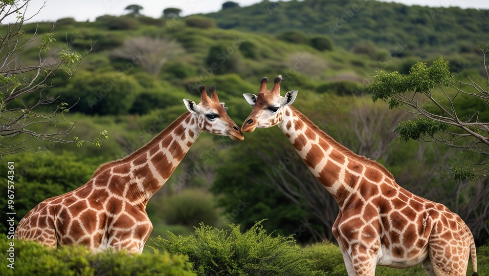 two giraffes stand against the background of a mountain, their noses touching each other two giraffes stand against the background of a mountain, their noses touching each other