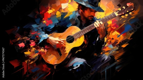 Cowboy Male Guitarist Performing Classical Music in Abstract Painting Illustration. Fictional Characters Created By Generative AI.