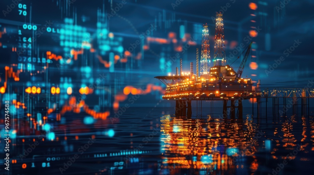 An offshore oil platform illuminated at night with reflected lights on water and a backdrop of stock market charts An offshore oil platform illuminated at night with reflected lights on water and a backdrop of stock market charts