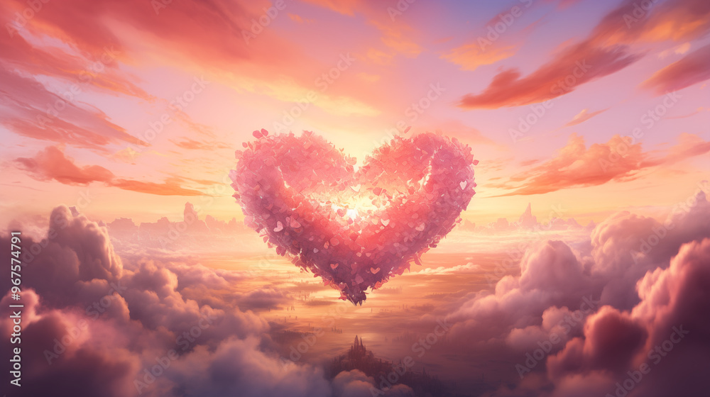 Heart shaped cloud among red, orange, fluffy clouds, sunshine breaking through, romanticism and love, state of mind concept. Heart shaped cloud among red, orange, fluffy clouds, sunshine breaking through, romanticism and love, state of mind concept.