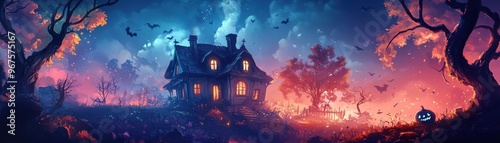 Eerie night scene featuring a haunted house surrounded by mystical trees and a glowing sky, perfect for Halloween themes.