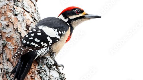 Woodpecker perched on a tree trunk in natural habitat during daylight isolated on transparent background
