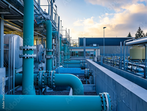 Water recycling facility in an industrial landscape showcasing large blue pipes and modern infrastructure. scene reflects innovation and sustainability in water management