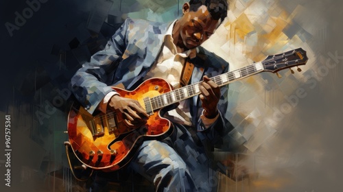 African Male Guitarist Performing Classical Music in Abstract Painting Illustration. Fictional Characters Created By Generative AI.