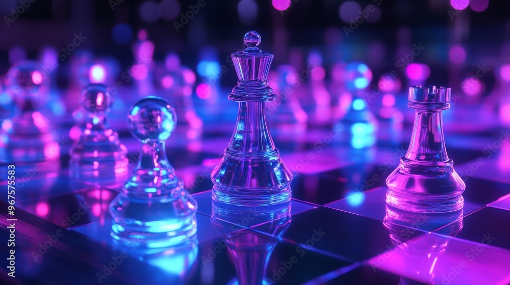Glass Chess Pieces Neon Light Abstract Glass Chess Pieces Neon Light Abstract