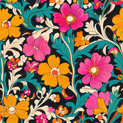 Colorful flowers and green leaves form a vibrant design. Seamless pattern.