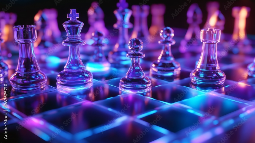 Glass Chess Pieces on Neon Board Strategy Game Concept Glass Chess Pieces on Neon Board Strategy Game Concept