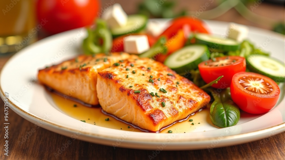 a plate of salmon and salad with a salad of vegetables. a plate of salmon and salad with a salad of vegetables.