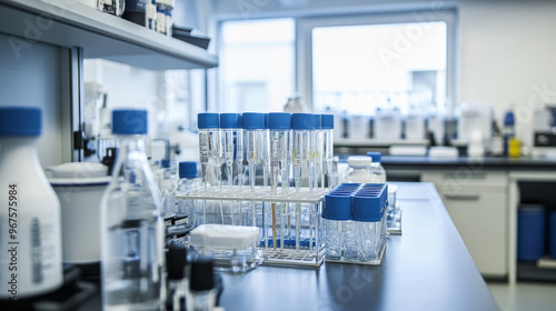 Laboratory equipment including test tubes and containers are organized on lab bench, showcasing clean and modern environment ideal for water quality testing