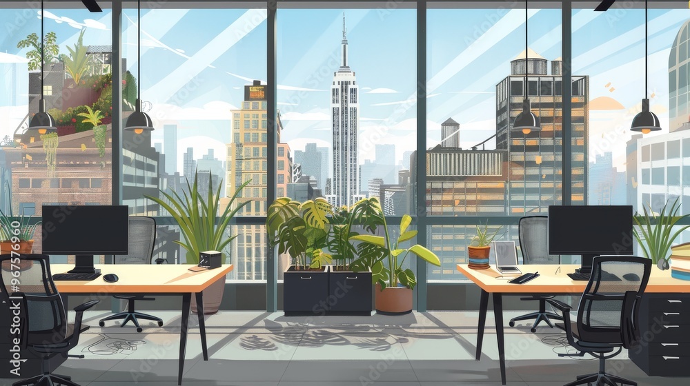 Naklejka premium Open-Air Workspace with Panoramic Cityscape View, Blending Nature and Contemporary Design