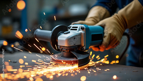 Worker using angle grinder producing sparks while cutting metal