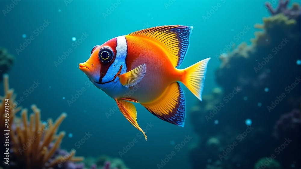 a fish with a white stripe and a yellow face is swimming in a blue ocean. a fish with a white stripe and a yellow face is swimming in a blue ocean.