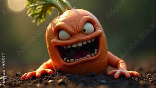 A carrot monster with a big, big mouth and white, staring eyes.