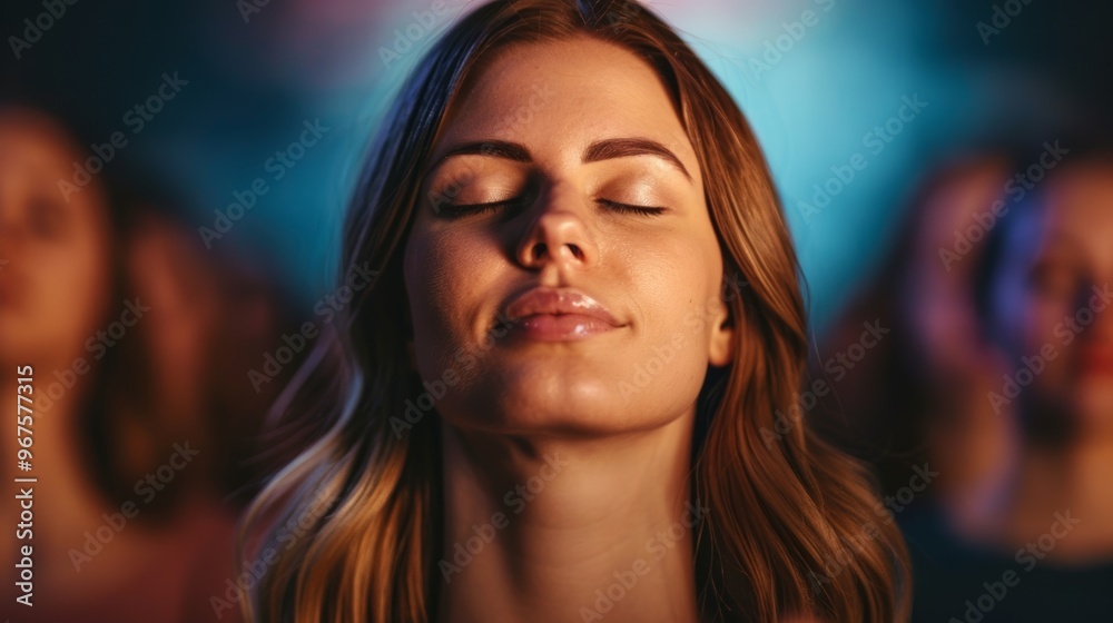 A woman expresses serenity with closed eyes while surrounded by a crowd A woman expresses serenity with closed eyes while surrounded by a crowd