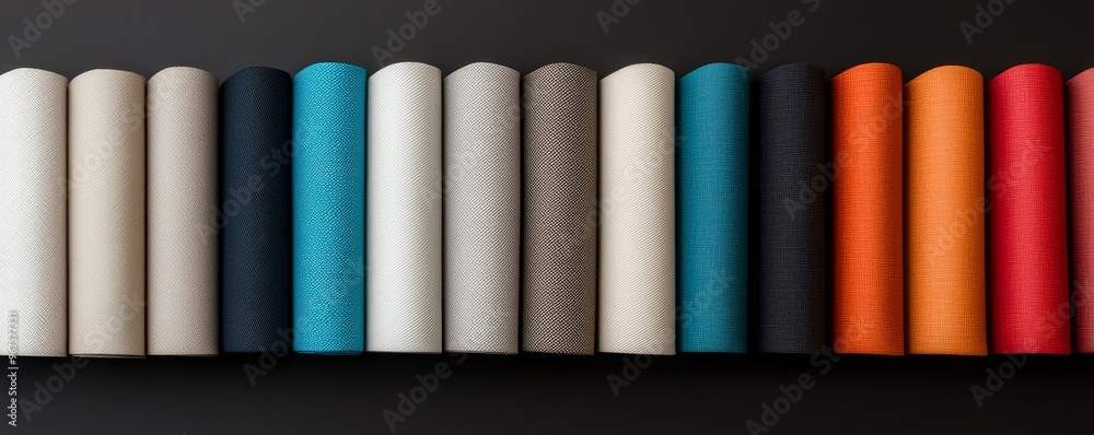 Fototapeta premium Modern upholstery fabrics with sleek textures, bold hues, contemporary style, pattern mixing, luxurious touch, fabric swatches, interior decor