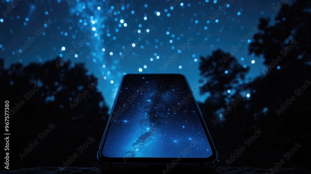 A smartphone in low-light mode, displaying a clear photo of a night sky full of stars. A smartphone in low-light mode, displaying a clear photo of a night sky full of stars.