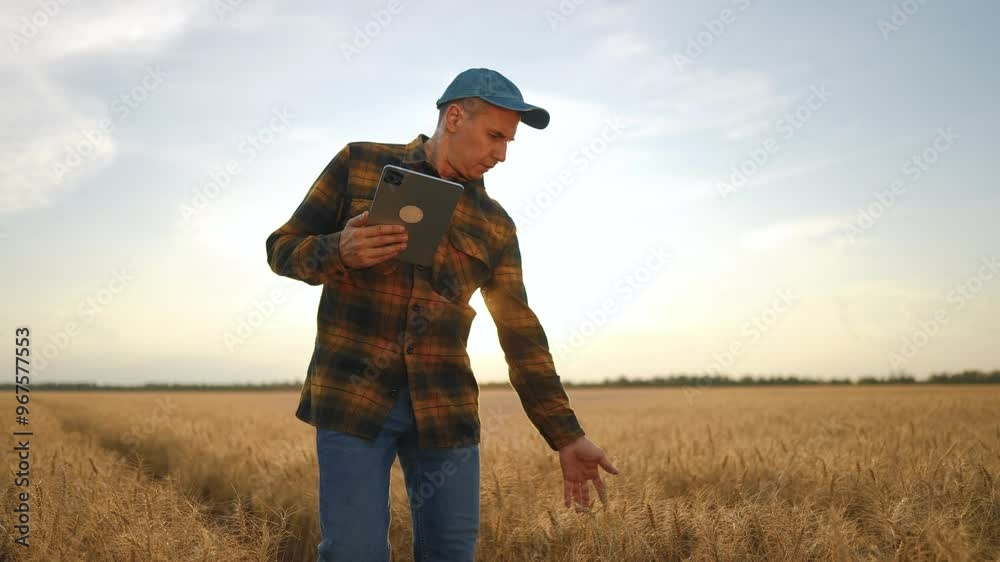 Agriculture. Farmer working with a tablet on wheat. Agriculture farm rural concept. A man is working in a field of wheat. Male farmer working in tablet a wheat field, leading a lifestyle on a. Agriculture. Farmer working with a tablet on wheat. Agriculture farm rural concept. A man is working in a field of wheat. Male farmer working in tablet a wheat field, leading a lifestyle on a.