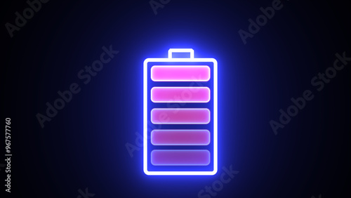 Glowing neon battery icon. Power and Electricity Ekmulato Battery.