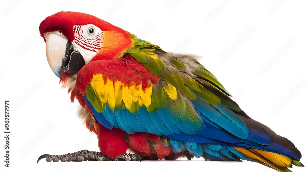 Fototapeta premium Vibrant Tropical Macaw Parrot Perching on Branch in Vivid Colors