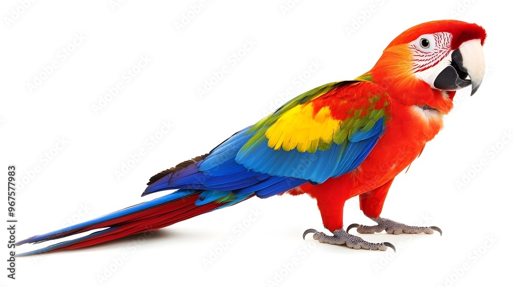 Fototapeta premium Vibrant Scarlet Macaw Perching on Branch in Tropical Rainforest Setting